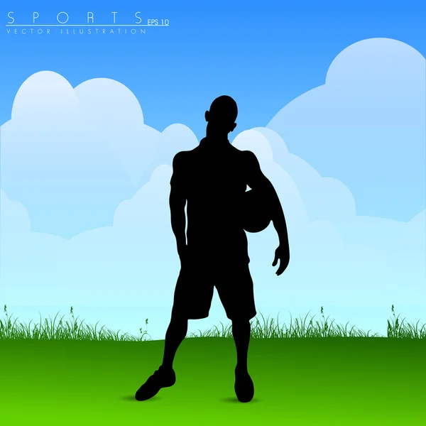 Silhouette of young football player holding soccer ball in hand — Stock Vector