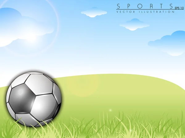 Pelota de fútbol sobre hierba verde sobre un fondo de cielo azul natural . — Vector de stock