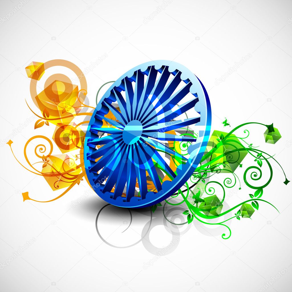 Indian flag color creative floral background with 3D Asoka wheel