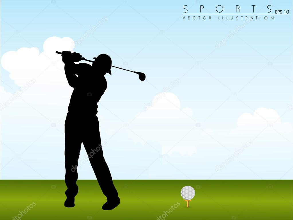 Tee Shot, silhouette of a golfer on green grass background. EPS