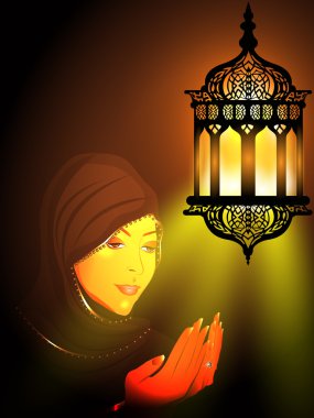 Illustration of a Muslim girl in hijab reading Namaz with Intric clipart