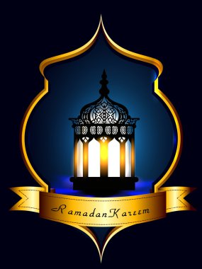 Intricate Arabic lamp with lights on shiny background for Ramada clipart