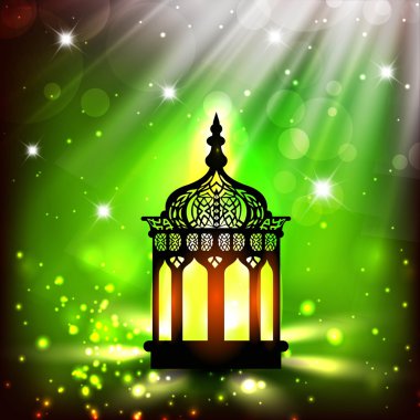 Intricate Arabic lamp with lights on shiny green background. EPS clipart