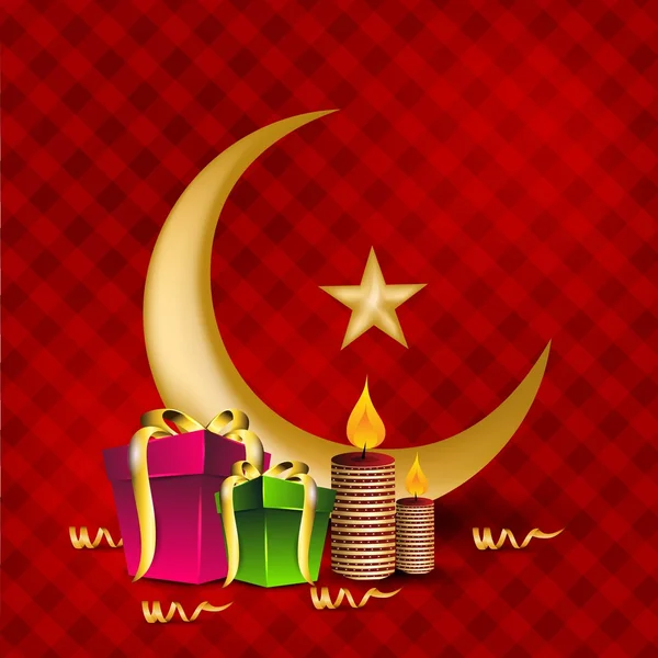 Gouden maan met ster en geschenk dozen voor viering van eid muba — Stockvector