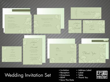 Complete set of wedding invitations or announcements with floral clipart