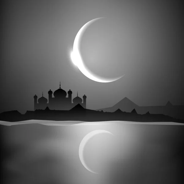 Mezquita o Masjid con luna sobre fondo nocturno. EPS 10 . — Vector de stock