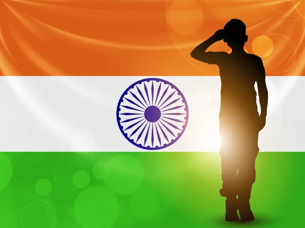 Saluto silhouette soldato su sfondo bandiera indiana sventolando. Parlamento europeo — Vettoriale Stock
