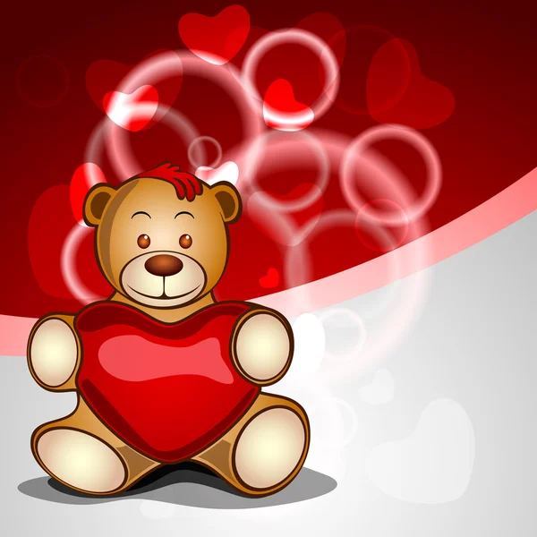 Schattige beer met rood hart op glanzend abstracte achtergrond. EPS 10. — Stockvector