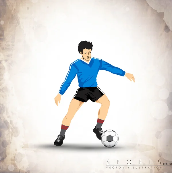 Abbildung eines Fußballspielers mit glänzendem Fußball auf grau — Stockvektor