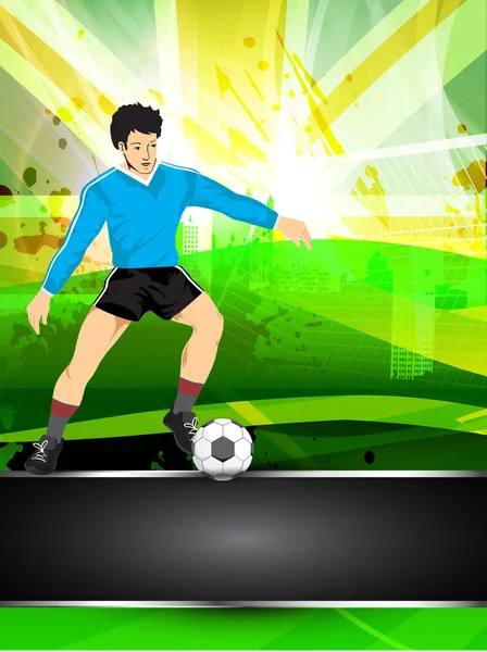 Ілюстрація футболіста з блискучим футбольним м'ячем на грані — стоковий вектор