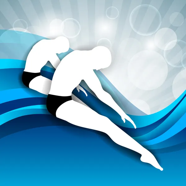 Due giovani uomini che fanno meraviglioso nuoto sincronizzato in piscina arguzia — Vettoriale Stock