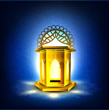 Intricate Arabic lamp with lights on creative blue background. E clipart