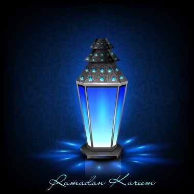 Intricate Arabic lamp with lights on creative blue background. E clipart