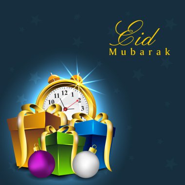 Beautiful Eid Mubarak background with gift boxes, clock and spac clipart