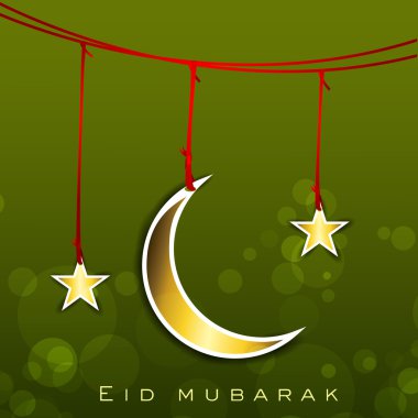 Shiny Eid Mubarak background with hanging golden Moon and Stars. clipart