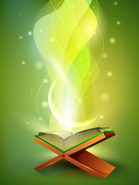 Open side of Holy Quran book on wood stand, over wave background clipart