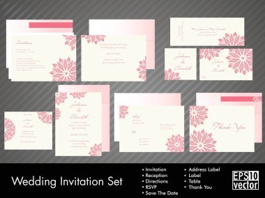 Complete set of wedding invitations or announcements with floral clipart