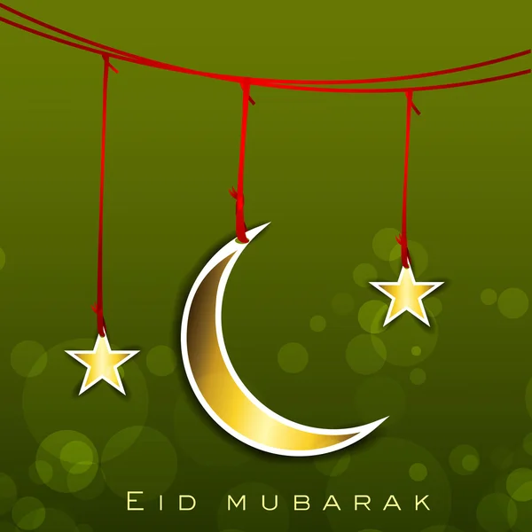 Blanka eid mubarak bakgrund med hängande gyllene månen och stjärnorna. — Stock vektor