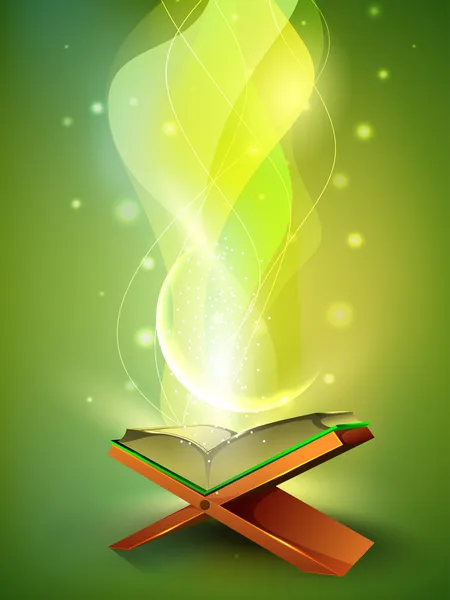 Lado abierto del libro del Sagrado Corán sobre soporte de madera, sobre fondo ondulado — Vector de stock
