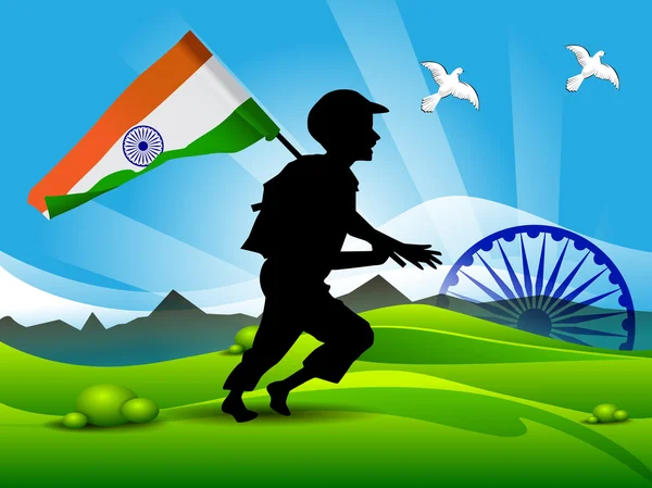Silueta de soldado sobre fondo de naturaleza de bandera india. EPS 10 . — Vector de stock