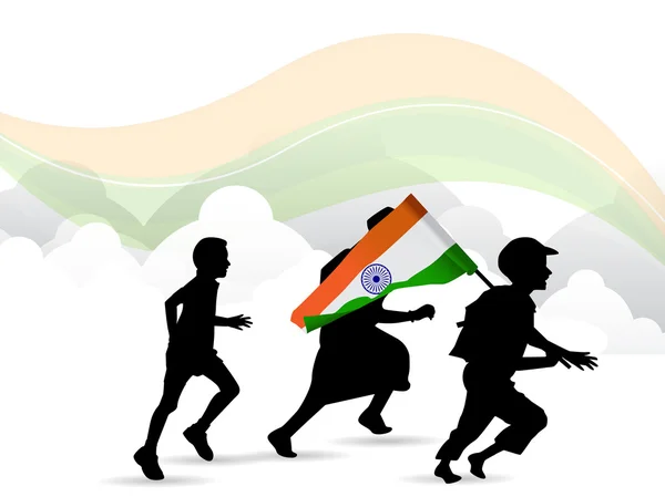 Children silhouette on Indian Flag waving background. EPS 10. — Stock Vector