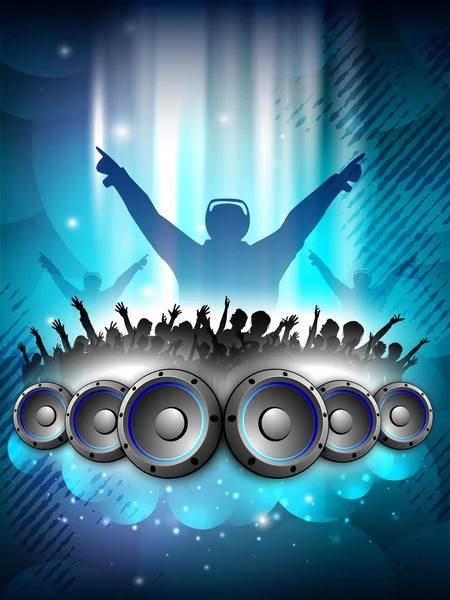 Disc Jockey with speakers and dancing peoples silhouette. EPS 10. — Stock Vector