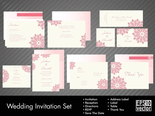 Conjunto completo de convites de casamento ou anúncios com floral —  Vetores de Stock