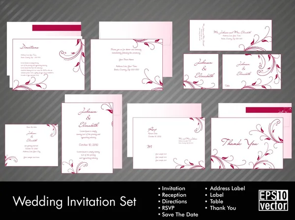 Conjunto completo de invitaciones de boda o anuncios con flores — Archivo Imágenes Vectoriales