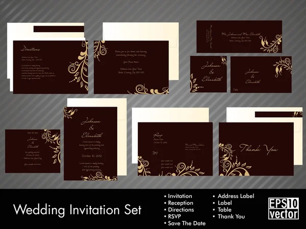 Conjunto completo de convites de casamento ou anúncios com floral — Vetor de Stock