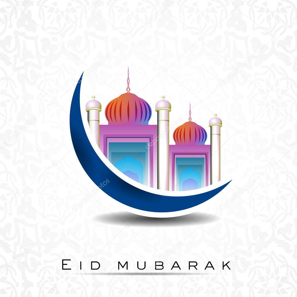 Eid Mubarak background with Mosque and Masjid on blue moon 