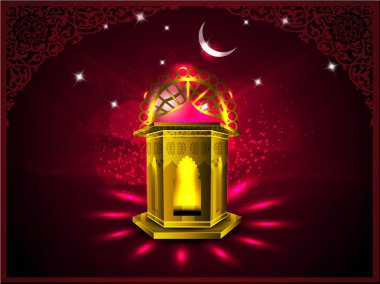 Intricate Arabic lamp with Moon and stars on shiny background. E clipart