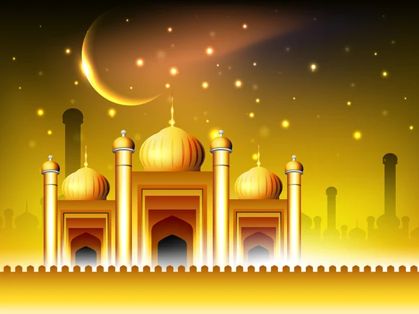 Gouden Moskee of masjid op mooie glanzende achtergrond met maan — Stockvector