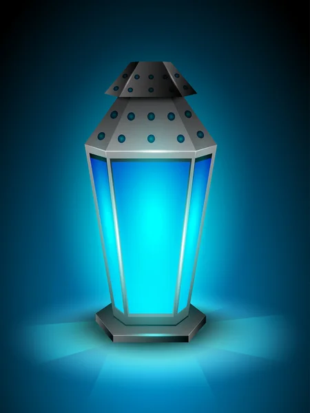 Intricate Arabic lamp with lights on shiny blue background. EPS — Stock Vector