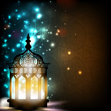 Intricate Arabic lamp with lights on shiny background. EPS 10.