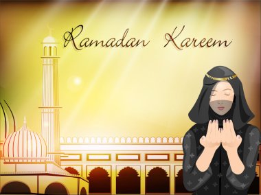 Muslim women in hijab reading Namaj with Mosque or Masjid. EPS 1 clipart