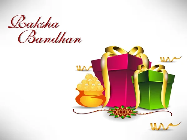 Raksha Bandhan theme with gift boxes, sweets and Rakhi. EPS 10. — Stock Vector