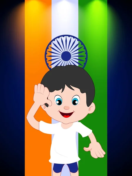Saludando a un chico de dibujos animados con fondo de bandera india. EPS 10 . — Vector de stock