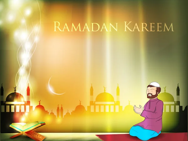 Homens muçulmanos lendo Namaj com Alcorão ou Alcorão e lua brilhante, mos — Vetor de Stock