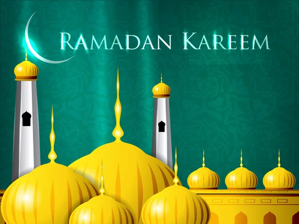 Golden Mosque or Masjid with shiny moon and text Ramadan Kareem. — Stock Vector