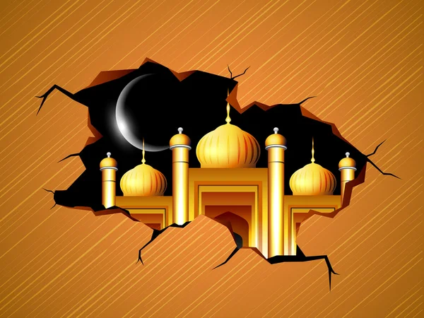 Mening van Gouden Moskee of masjid met glanzende maan. EPS 10. — Stockvector