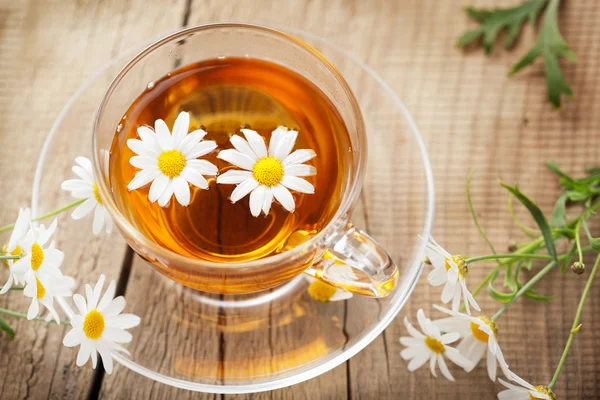Šálek bylinkového čaje s heřmánkovými květy — Stock fotografie