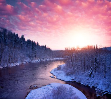 Beautiful river in winter landscape clipart