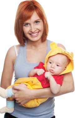 Redhead woman with child in funny costume. clipart