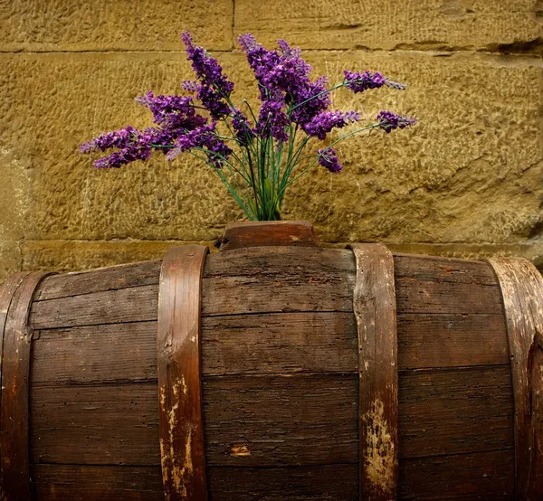 Stock image Purple flowers on old barrel