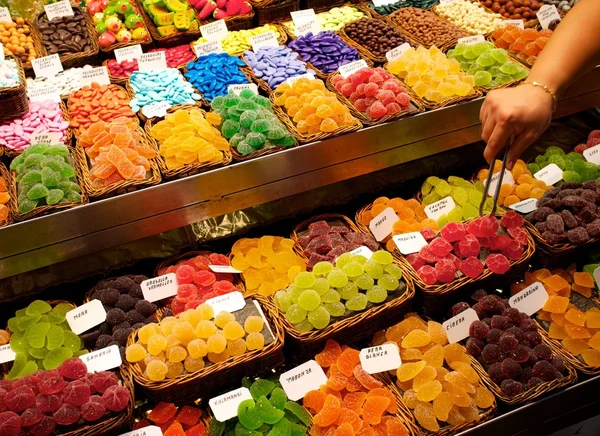 Sweets on market stall in La Boqueria, Barcelona — Stock Photo, Image