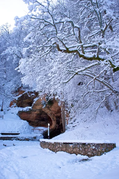 Печера в красивому зимовому пейзажі — стокове фото