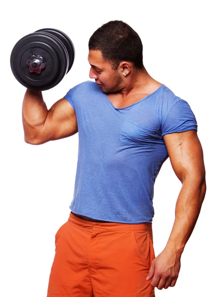 Portrét svalů člověka na bílém pozadí s dumbbels — Stock fotografie