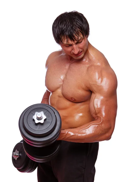 Retrato de homem muscular fazendo exercícios com halteres — Fotografia de Stock
