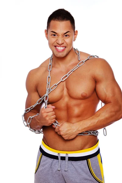 Portrait of sexy man posing on white background with chain — Stock Photo, Image