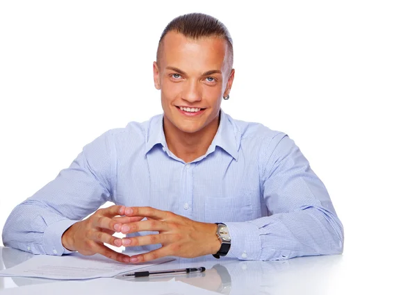 Portrait of handsome man posing in studio with office stuff — Stock Photo, Image